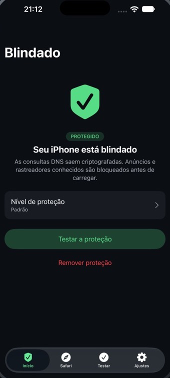 Tela inicial do Blindado no iPhone: Seu iPhone está blindado