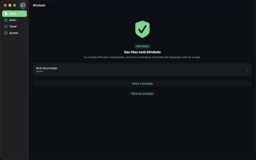 Tela inicial do Blindado no Mac: Seu Mac está blindado